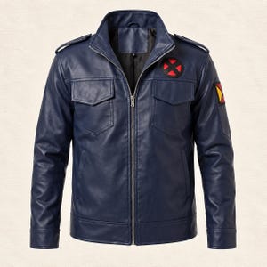 May include: A dark blue jacket with a full-length silver zipper, a stand-up collar, and shoulder epaulets. The chest features two flap pockets, while a circular red and black X emblem is on the left chest and a square yellow and red patch is on the sleeve.