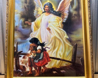 Lámina enmarcada vintage de 1999 con la imagen de un ángel guardián velando por los niños, color dorado, 32x26 pulgadas.