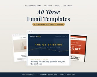 Email Newsletter Template Bundle | 3 HTML Ecommerce Email Templates | Mailchimp Klaviyo Compatible | Responsive Coded | Instant Download