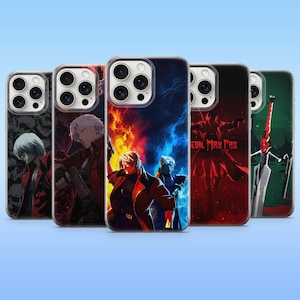 Könnte beinhalten: Fünf Smartphone-Hüllen mit Devil May Cry-Charaktergrafiken. Die Designs zeigen Dante in Rot, Vergil in Blau, Feuer- und Eis-Hintergründe, den Devil May Cry-Schriftzug in Rot sowie eine stilisierte Schwert-Illustration auf dunkelgrünem Grund.