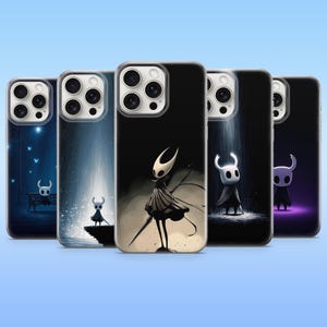 Op de afbeelding: Vijf smartphonehoesjes op een rij, elk met een unieke illustratie van een wit gemaskerd, gehoornd personage. De ontwerpen bevatten scènes met een parkbank, een klif, een centraal personage met een naald, een figuur in de regen en een paars verlicht silhouet.