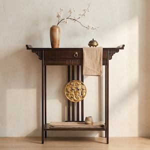 Consola de bambú con cajón / Mesa de entrada de estilo chinoiserie, mesa de pasillo estilo Ming, mesa auxiliar zen asiática, mesa auxiliar estrecha para sofá con almacenamiento.