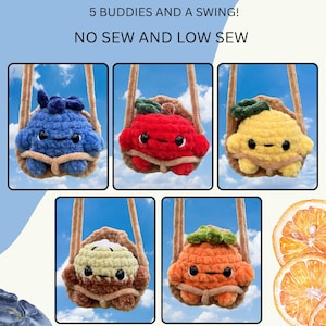 May include: Five crocheted plush figures in small brown baskets, including a blue blueberry, red apple, yellow lemon, light green kiwi, and orange fruit. Text reads: THE BASKET BUDDIES, 5 BUDDIES AND A SWING!, NO SEW AND LOW SEW, COTTON AND CANDY.