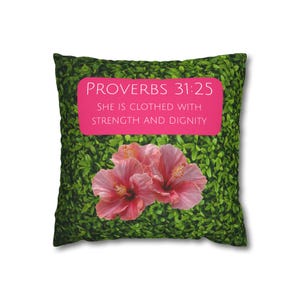 Proverbs 31:25 Floral Throw Pillowcase | Scripture Hibiscus Cushion Cover