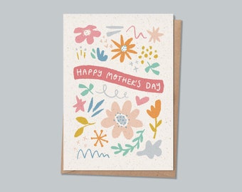 Happy Mother's Day Card - Papercut Flowers and Shapes - on Recycled Eco Fleck Card with Kraft Envelope