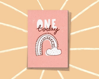 One Today | First Birthday Card | Mid Century Modern Rainbow | Pink | Mint Green | Mustard