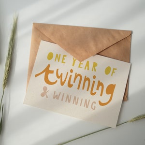 One Year of Twinning and Winning - Twins First Birthday Card Printed on Eco Fleck Recycled Stock