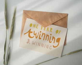 One Year of Twinning and Winning - Twins First Birthday Card Printed on Eco Fleck Recycled Stock