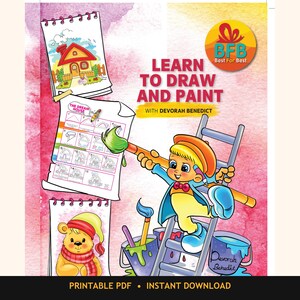May include: A digital book cover titled LEARN TO DRAW AND PAINT WITH DEVORAH BENEDICT featuring a cartoon character on a ladder holding a large paintbrush, surrounded by illustrations of a house, a bear, and paint buckets on a pink watercolor background.