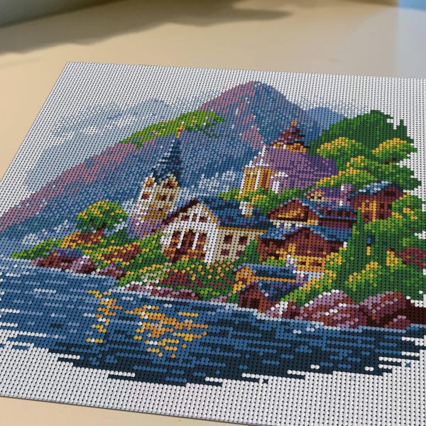 Lake Village Needlepoint Kit, Beginner Friendly Needlepoint Printed Canvas, Mountain Landscape Craft -463