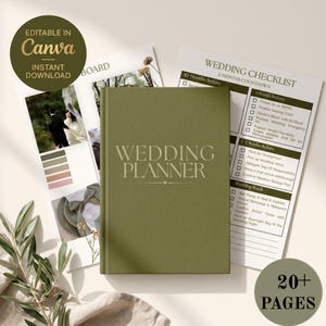 Può includere: Un libro per l'organizzazione del matrimonio color verde oliva con il testo WEDDING PLANNER sulla copertina. Dietro il libro ci sono pagine stampate tra cui una lista di controllo, una moodboard con la foto di una coppia e una tavolozza. Un badge dice 20+ PAGES.