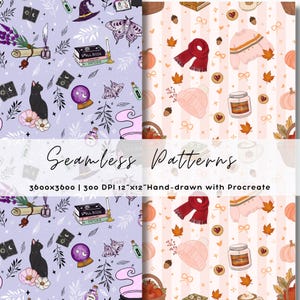 Cozy Autumn & Witchy Botanical Halloween Digital Paper Pack, Hand Drawn Seamless Patterns, 300 DPI JPEG 12x12