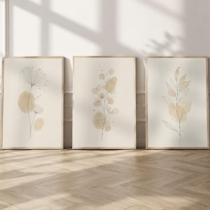 Set med 3 neutrala botaniska tryck | Minimalistisk triptykväggkonst | Beige dekor