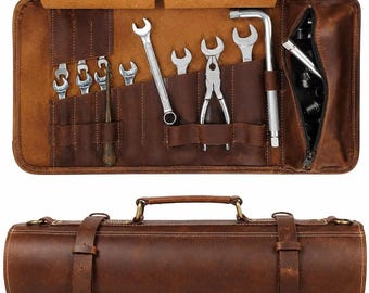 Bolsa enrollable de herramientas de cuero personalizada / Organizador de llaves de motocicleta de 17 piezas, regalo para él.