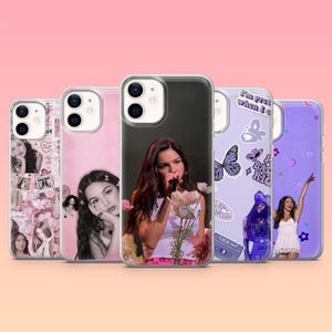May include: Five smartphone cases featuring various designs of a person with long dark hair. The cases display collages of pink and purple imagery, including butterflies, stars, text, and photographs of the individual singing into a microphone.