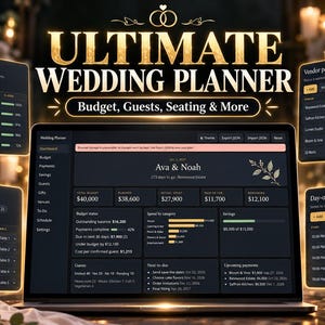 Op de afbeelding: Een digitale trouwplanner-interface op een laptopscherm, met secties voor budget, gastenlijst, betalingen en planning. Het donkere dashboard bevat tabellen, voortgangsbalken en de tekst Ultimate Wedding Planner voor een overzicht.