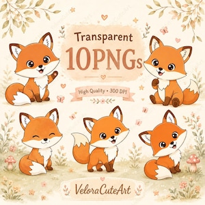 May include: A digital collection of 10 transparent PNG files featuring orange and white cartoon foxes in various poses, set against a light beige background with botanical illustrations, mushrooms, and the text Transparent 10PNGs High Quality 300 DPI.