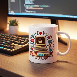 May include: A white ceramic mug featuring a colourful pixel art graphic of a vintage computer displaying a coffee cup icon. The design includes programming symbols, hearts, and the text COFFEE.CODE.REPEAT. in a red banner at the bottom.