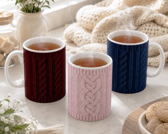 Christmas Mug, Fall Coffee Mug Gift, Cable Knit Sweater Cup, Cozy Autumn Winter Mug, Gift for Couple Parents, 11oz Holiday Mug