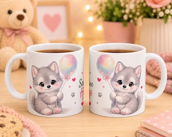 Kawaii Wolf Mug, Cute Ceramic Coffee Mug, Choose 1 of 4 Adorable Designs, Gift for Friends & Kids, Ceramic Mug, (11oz, 15oz).