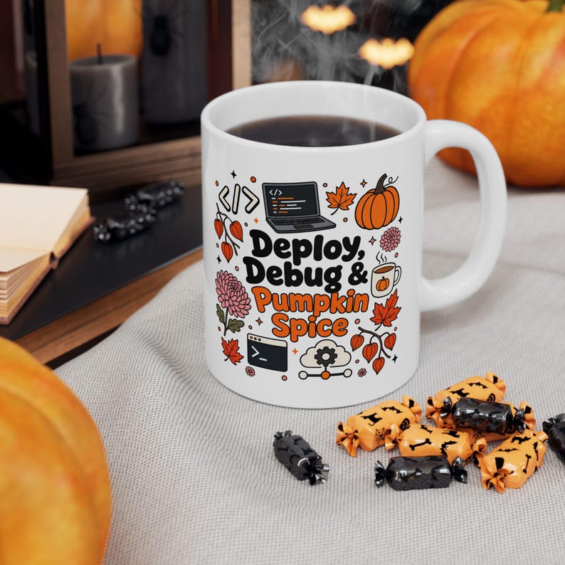 Programmer Coffee Cup, Deploy Debug & Pumpkin Spice Mug, DevOps Gift for Her Him, Fall Coding Mug, IT Developer Autumn Gift, 11 oz. image 6