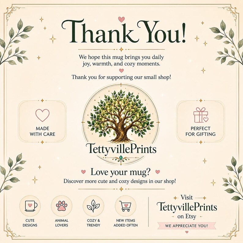 May include: A cream-colored informational card featuring a central tree illustration and the text TettyvillePrints. The card includes sections titled Thank You, Made With Care, Perfect For Gifting, and Love your mug, with icons for mugs, paws, leaves, and shopping carts.