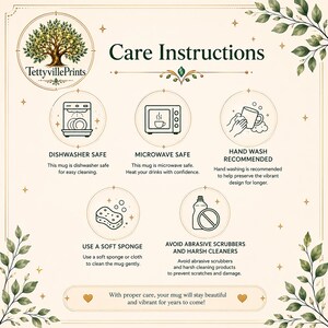 May include: An informational graphic titled Care Instructions for TettyvillePrints featuring five circular icons. It displays dishwasher safe, microwave safe, hand wash recommended, use a soft sponge, and avoid abrasive scrubbers and harsh cleaners.