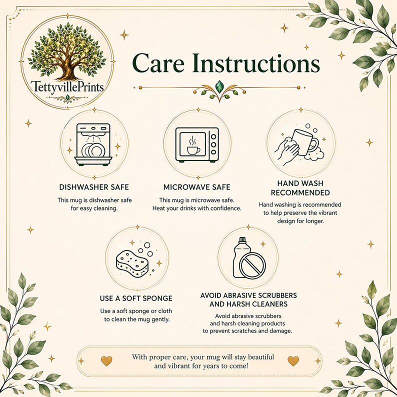May include: An informational graphic titled Care Instructions for TettyvillePrints featuring five circular icons. It displays dishwasher safe, microwave safe, hand wash recommended, use a soft sponge, and avoid abrasive scrubbers and harsh cleaners.