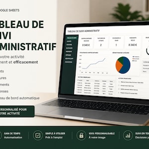 Peut inclure: Un ordinateur portable affichant un tableau de suivi administratif Google Sheets avec des données financières, des graphiques et des tableaux. L'écran présente des indicateurs comme le chiffre d'affaires, les factures et les paiements. Le texte à gauche détaille les fonctionnalités de suivi.