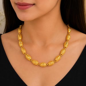 24K Yellow Gold Polished & Diamond-Cut 4.5mm Beaded Necklace 121 Grams Pure Solid Gold Luxury Handmade Bead Chain Necklace