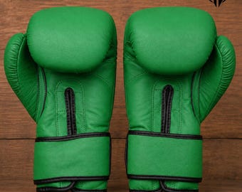 Guantes de boxeo verdes de cuero genuino para entrenamiento, sparring, kickboxing, muay thai, equipo de lucha, soporte de muñeca hecho a mano, regalo para deportes de combate