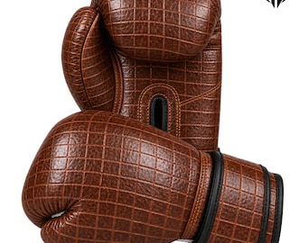 Bruine bokshandschoenen met krokodillenprint, handgemaakt van leer, geschikt voor Muay Thai, MMA, sparren en gevechten.