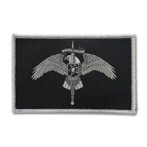 Könnte beinhalten: Ein rechteckiger, schwarz bestickter Aufnäher mit weißem Rand. Das Design zeigt einen silbernen Adler mit ausgebreiteten Flügeln, der ein vertikales Schwert hält. Ein Banner über dem Adler trägt die Aufschrift SPIRITUS INVICTUS und ein Schild zeigt einen Totenkopf.