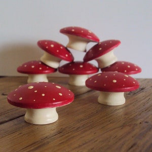 Hand Painted Mushroom Furniture Knobs - Wooden Dresser Drawer Knob - Decorative Fairy Door Knob - Wood Polka Dot Cupboard Knob - 1 3/4" Knob