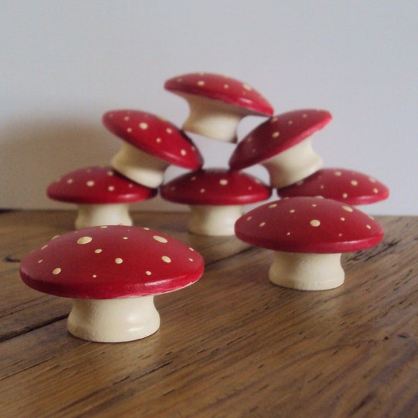 Hand Painted Mushroom Furniture Knobs - Wooden Dresser Drawer Knob - Decorative Fairy Door Knob - Wood Polka Dot Cupboard Knob - 1 3/4" Knob