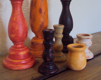 Halloween Candle Holder Set - Primitive Fall Decor - Distressed Orange Yellow Black Red Candlesticks - Rustic Wooden Autumn Centerpiece