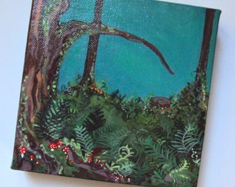 Arte de la pared del bosque encantado - Decoración caprichosa del bosque - Arte de la naturaleza del bosque de hadas - Árboles, helechos, frondas, pintura de setas - Lienzo original