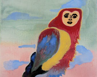 Surreal Abstract Painting - Whimsical Nursery Decor - Strange Modern Folk - Austere 8 x 10 Wall Art - Folk Art Animal Owl Woman