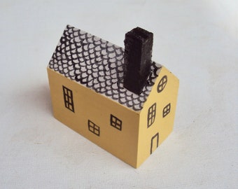 Miniature Yellow Folk Art House - Little Wooden Village Cottage - Decorative Wood Houses - Handpainted Minimalist Decor - Tiny Folk Figurine