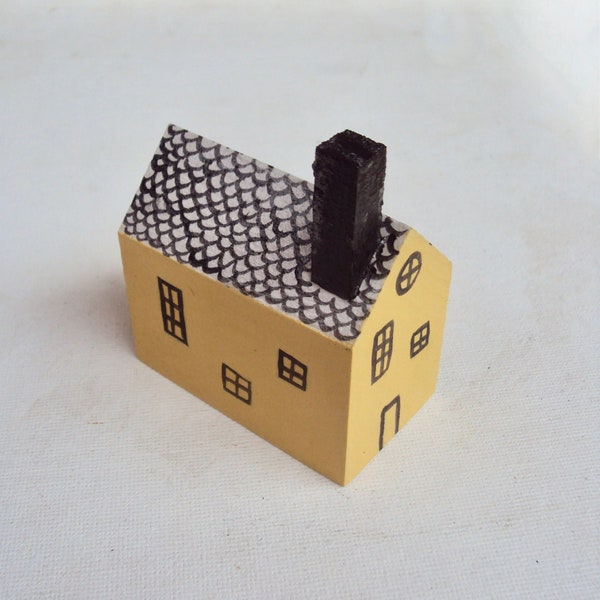 Miniature Yellow Folk Art House - Little Wooden Village Cottage - Decorative Wood Houses - Handpainted Minimalist Decor - Tiny Folk Figurine