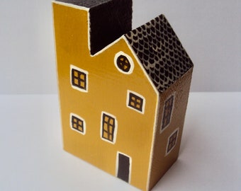 Miniature Yellow Folk Art House - Little Wooden Village Cottage - Decorative Wood Houses - Handpainted Minimalist Decor - Tiny Folk Figurine