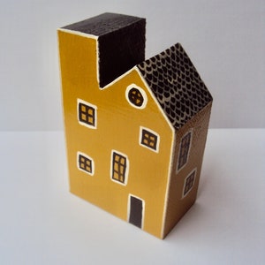 Miniature Yellow Folk Art House - Little Wooden Village Cottage - Decorative Wood Houses - Handpainted Minimalist Decor - Tiny Folk Figurine