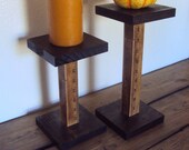 Wooden Ruler Candle Stands - Eclectic Industrial Decor - Two Rustic Chic Pedestal Pillar Holders - Wood Bohemian Farmhouse Mantel Decoration
