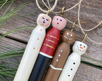 Set of 4 Christmas Tree Ornaments - Traditional Folk Art Holiday Decor - Handpainted Wood Clothespin Decoration - Yule Xmas Hostess Gift