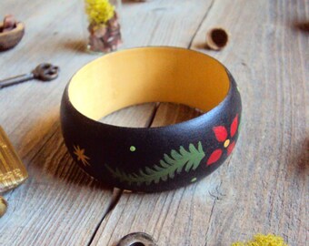 Black Floral Gypsy Bangle - Hand Painted Folk Jewelry - Wooden Boho Nouveau Bracelet - Bohemian Jewelry - Hand Painted Fern & Flower Bangle