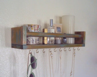 Wood Entryway Shelf Organizer - Wall Jewelry Holder - Shabby Bohemian Key Hanger - Boho Necklace Display - Bathroom Shelf - Teal Dorm Decor