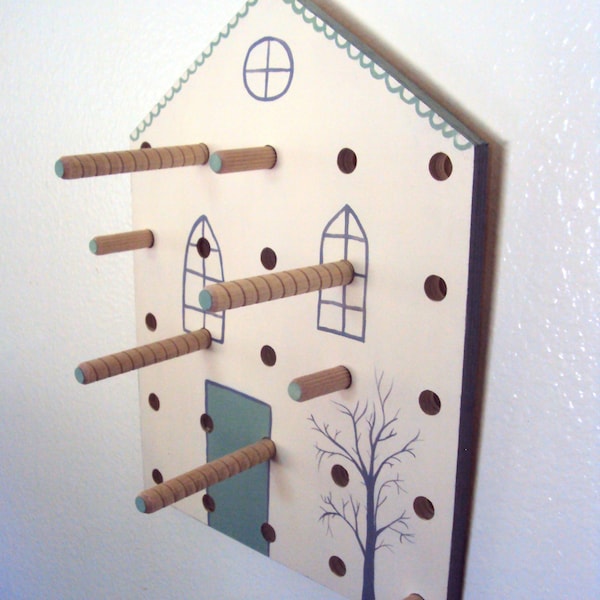 House Pegboard Display - Minimal Hallway Wall Decor - Cottage Chic Folk House - Decorative Wood Peg Board Organizer - Entryway Key Holder