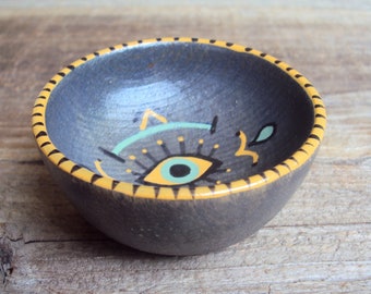 Evil Eye Ring Dish - Modern Bohemian Gypsy Vanity Decor - Art Deco Ring Holder Bowl - Tiny Earring Pin Catchall - Tiny Tarot Voodoo Folk Art