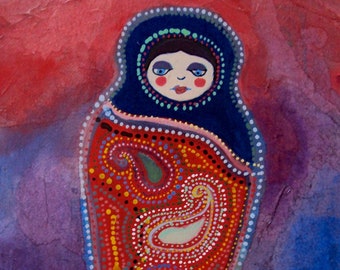 Original Mixed Media Painting of a Russian Nesting Doll - Gypsy Boho Babushka Decor - 8x10 Bohemian Wall Art - Colorful Matryoshka Folk Art
