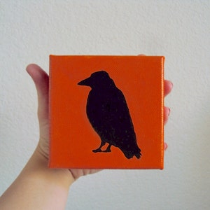 Halloween Mantle Decor - Orange & Black Halloween Crow Decoration - Spooky Raven Silhouette Painting - Original Halloween Wall Shelf Decor